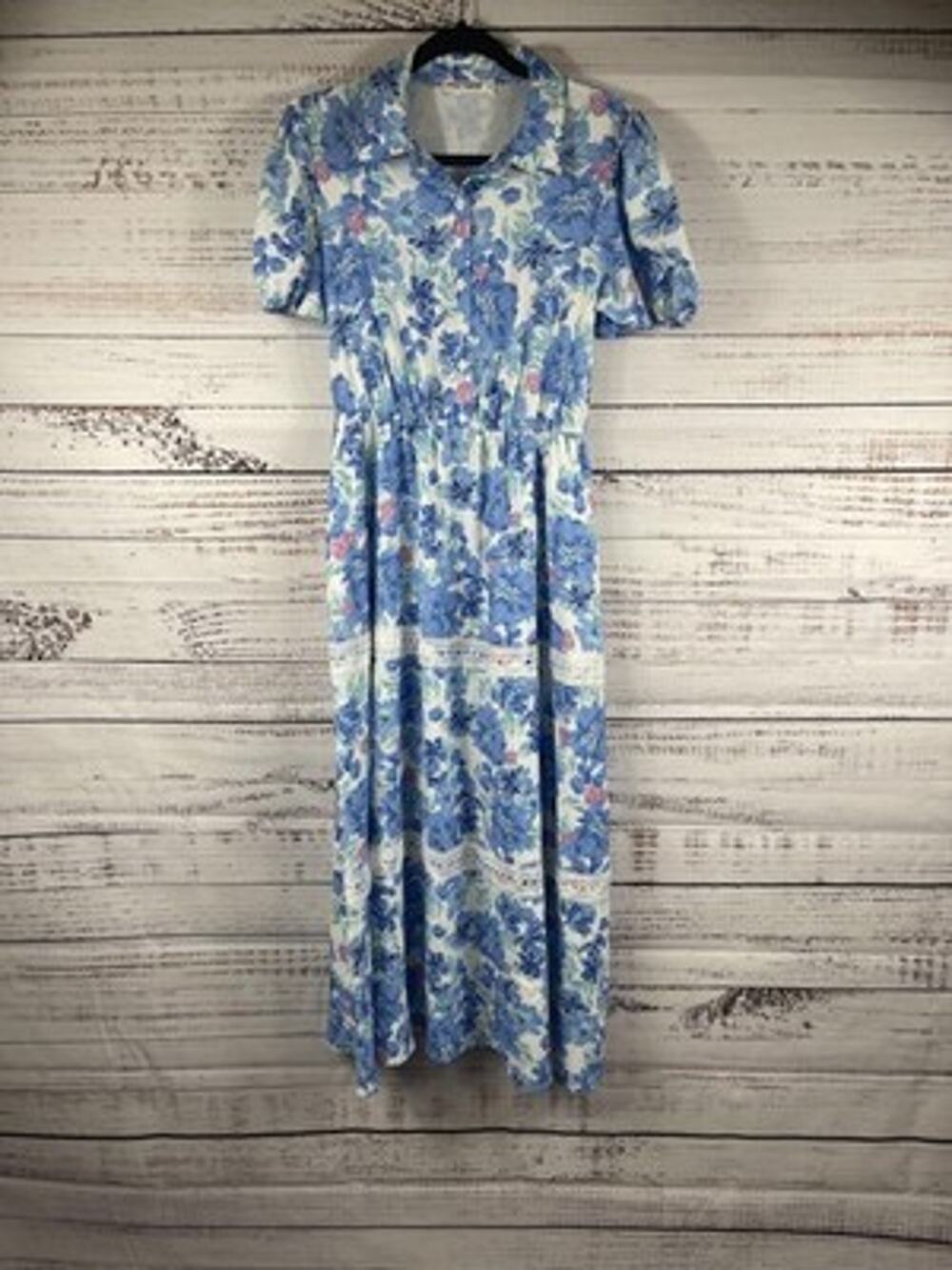 Grace Karin Dress Womens Medium Blue Floral Collared Shirt Maxi Sundress Pockets